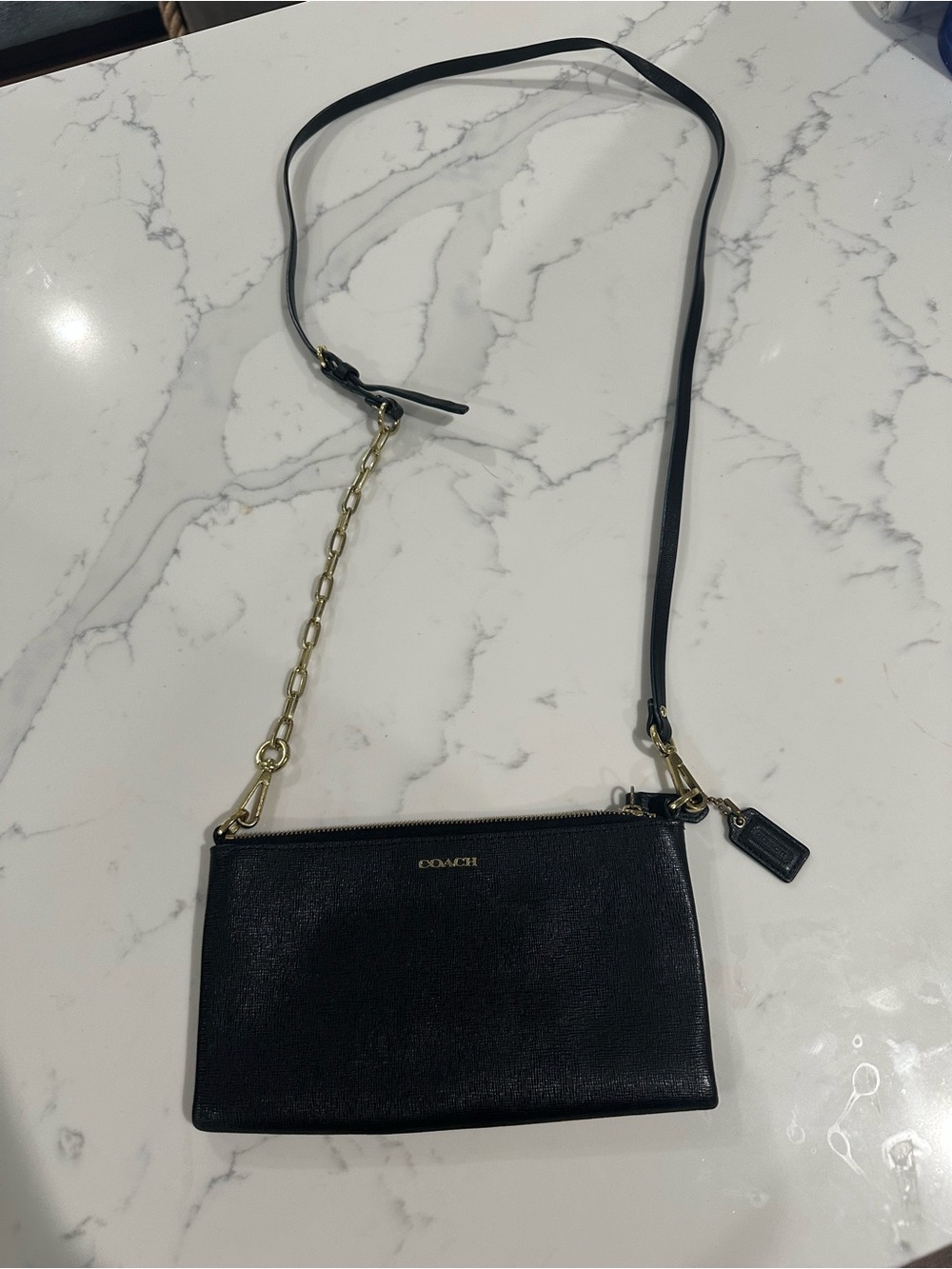 Coach Black Leather Crossbody with Gold Chain Strap